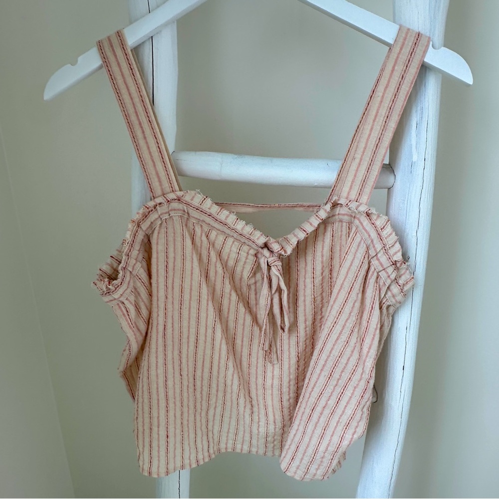 North End Striped Ruffle Tie-Front Crop Top - Red & Pink Stripe